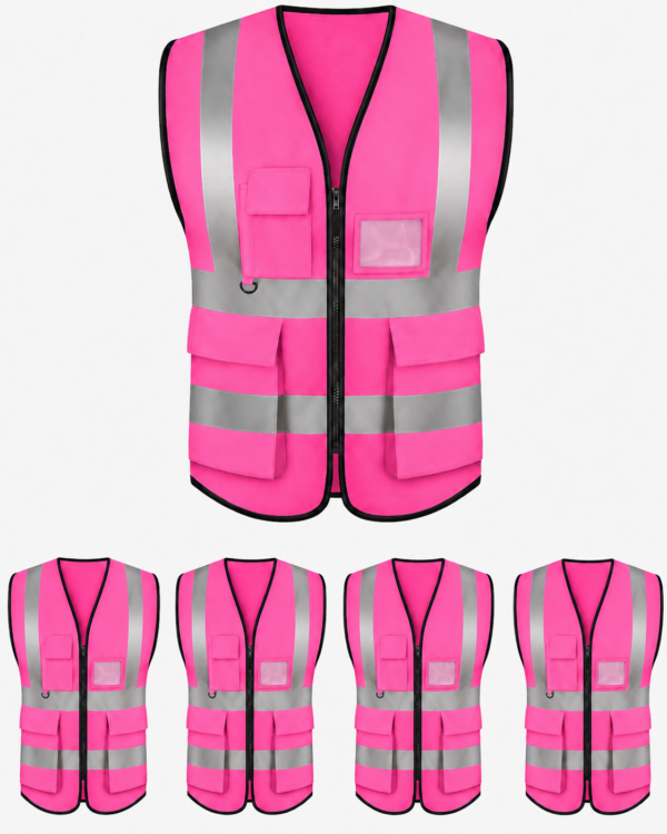Pink pocket reflector vest with silver reflective strips, zipper front, and multiple pockets
