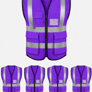 Purple pocket reflector vest with silver reflective strips, zipper front, and multiple pockets