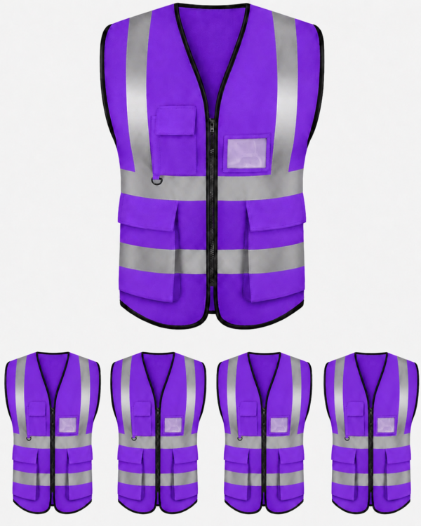 Purple pocket reflector vest with silver reflective strips, zipper front, and multiple pockets