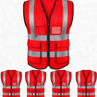 Red pocket reflector vest with silver reflective strips, zipper front, and multiple pockets