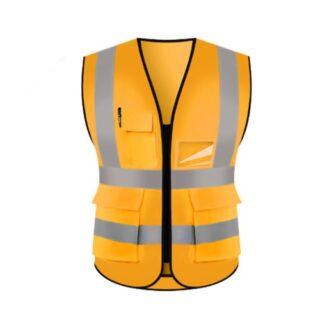 Yellow pocket reflector vest with silver reflective strips, zipper front, and multiple pockets
