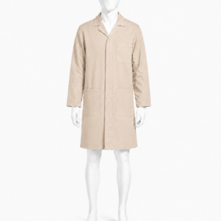 Beige dust coat in Kenya made from 265 GSM Tetrex fabric with concealed buttons and three pockets