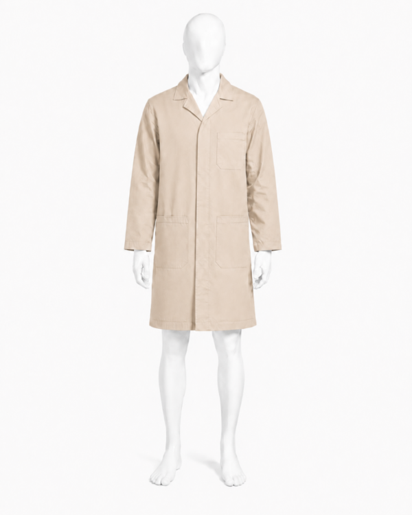 Beige dust coat in Kenya made from 265 GSM Tetrex fabric with concealed buttons and three pockets