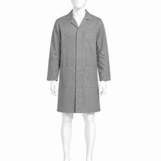 Grey dust coat in Kenya made from 265 GSM Tetrex fabric with concealed buttons and three pockets