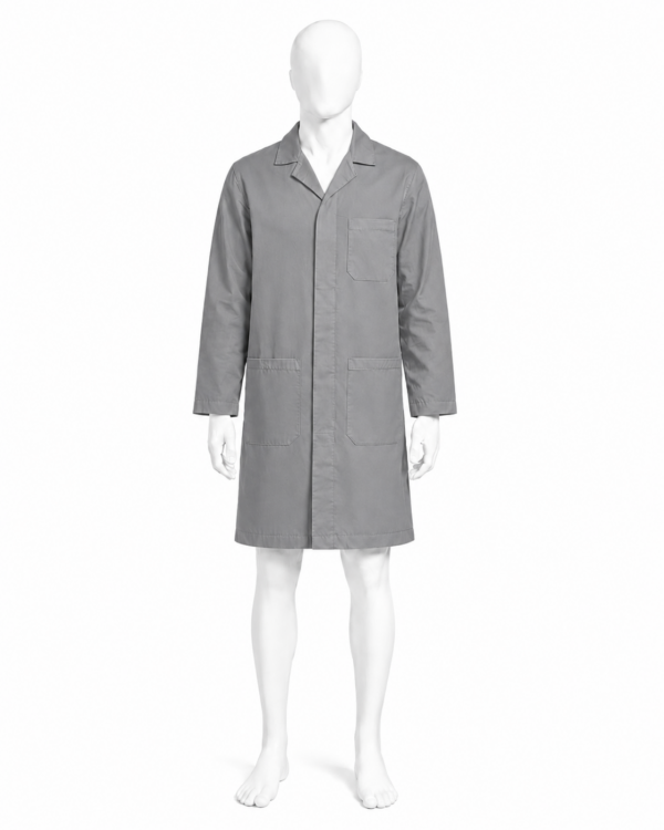 Grey dust coat in Kenya made from 265 GSM Tetrex fabric with concealed buttons and three pockets