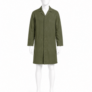 Jungle green dust coat in Kenya made from 265 GSM Tetrex fabric with concealed buttons and three pockets