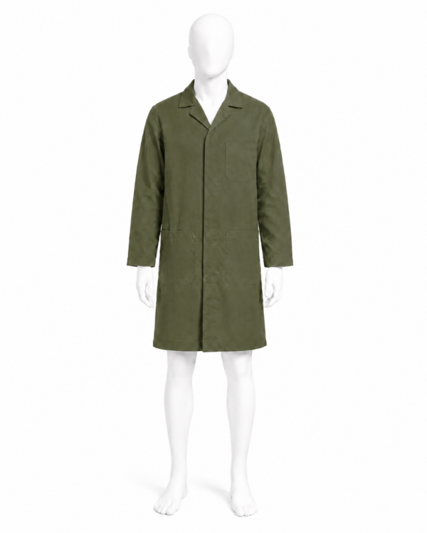 Jungle green dust coat in Kenya made from 265 GSM Tetrex fabric with concealed buttons and three pockets