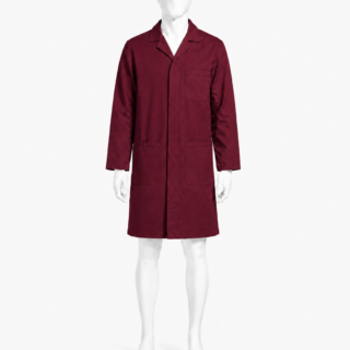 Maroon dust coat in Kenya made from 265 GSM Tetrex fabric with concealed buttons and three pockets