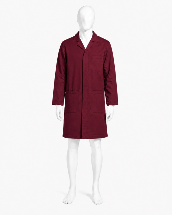 Maroon dust coat in Kenya made from 265 GSM Tetrex fabric with concealed buttons and three pockets