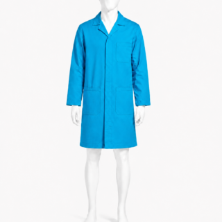 Ocean blue dust coat in Kenya made from 265 GSM Tetrex fabric with concealed buttons and three pockets