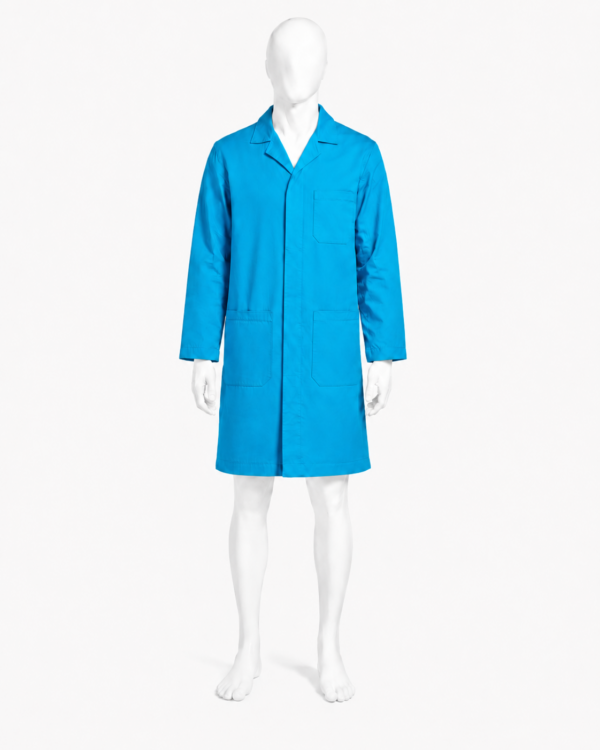 Ocean blue dust coat in Kenya made from 265 GSM Tetrex fabric with concealed buttons and three pockets
