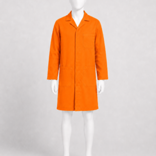 Orange dust coat in Kenya made from 265 GSM Tetrex fabric with concealed buttons and three pockets
