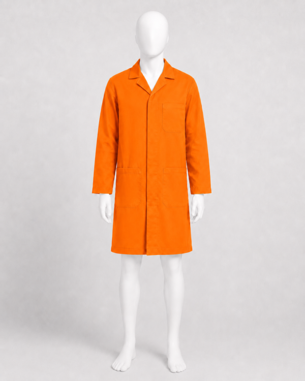 Orange dust coat in Kenya made from 265 GSM Tetrex fabric with concealed buttons and three pockets