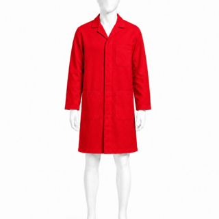 Red dust coat in Kenya made from 265 GSM Tetrex fabric with concealed buttons and three pockets