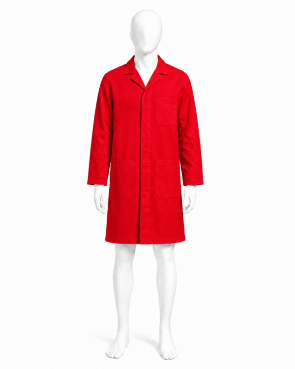 Red dust coat in Kenya made from 265 GSM Tetrex fabric with concealed buttons and three pockets