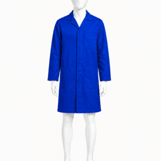 Royal blue dust coat in Kenya made from 265 GSM Tetrex fabric with concealed buttons and three pockets