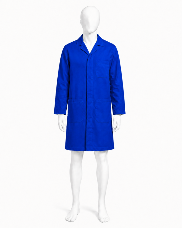 Royal blue dust coat in Kenya made from 265 GSM Tetrex fabric with concealed buttons and three pockets
