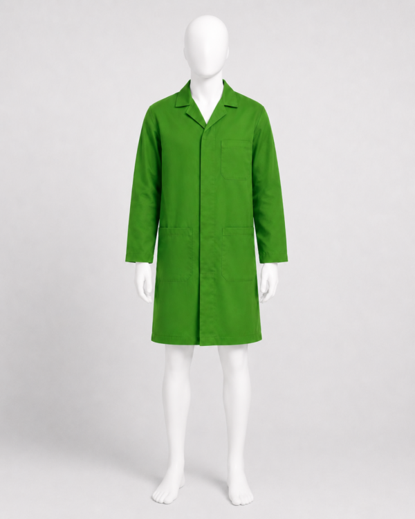 Safaricom green dust coat in Kenya made from 265 GSM Tetrex fabric with concealed buttons and three pockets