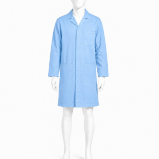 Sky blue dust coat in Kenya made from 265 GSM Tetrex fabric with concealed buttons and three pockets