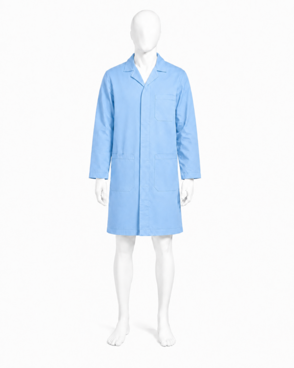 Sky blue dust coat in Kenya made from 265 GSM Tetrex fabric with concealed buttons and three pockets