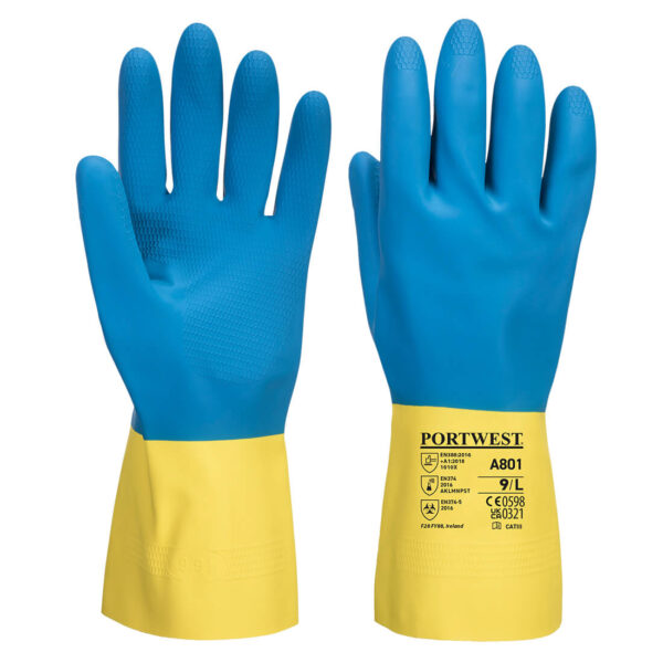 Chemical resistant gloves Kenya in yellow and blue with double dipped latex coating and 12-inch gauntlet