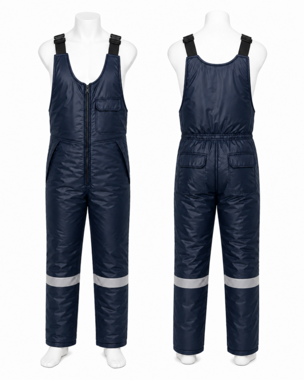 Cold room dungaree in Kenya with reflective leg tape and adjustable shoulder straps