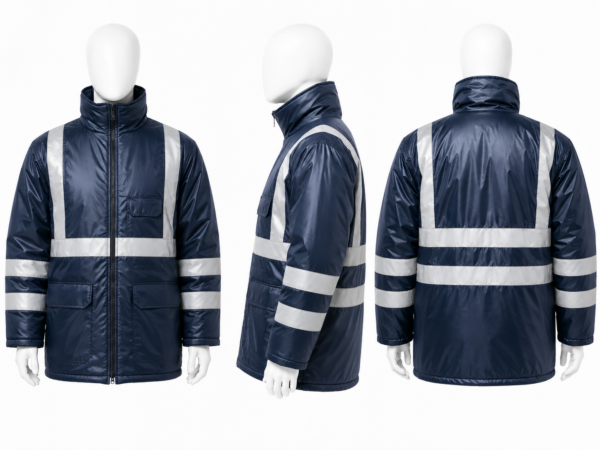 Cold room jacket in Kenya with reflective tape and padded insulation