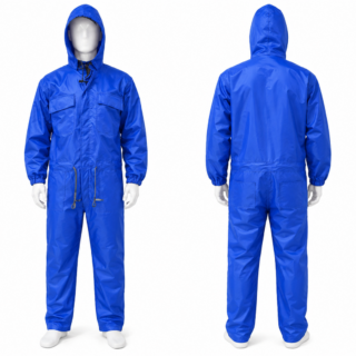 Royal blue waterproof nylon hooded overall with internal nylon lining shown in front and back views