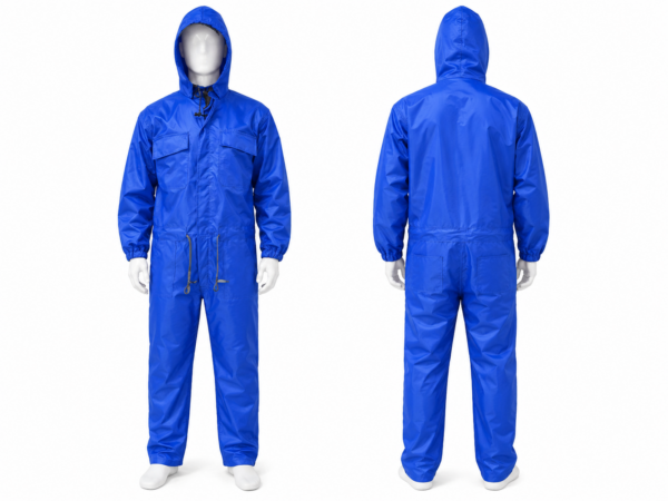 Royal blue waterproof nylon hooded overall with internal nylon lining shown in front and back views