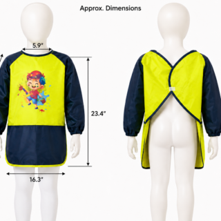 kids waterproof painting apron in luminous green and navy blue with long sleeves and front pockets