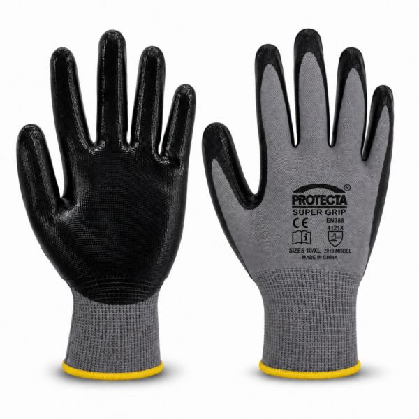 nitrile coated gloves PROTECTA Super Grip grey and black safety work gloves
