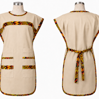 polycotton apron beige double sided bib apron with multicolour kitenge accent and front pockets