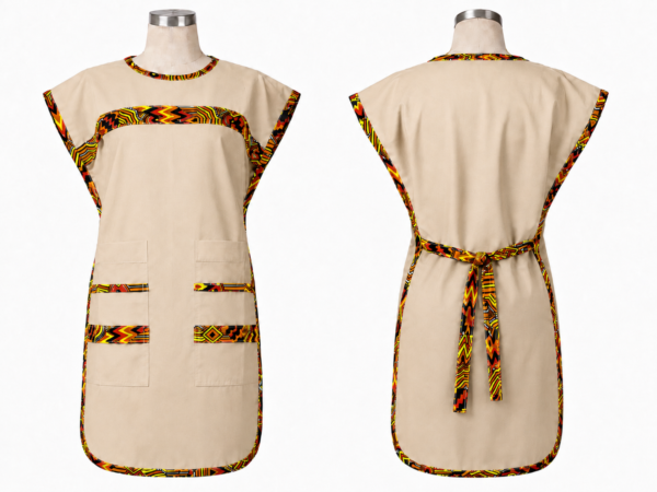 polycotton apron beige double sided bib apron with multicolour kitenge accent and front pockets