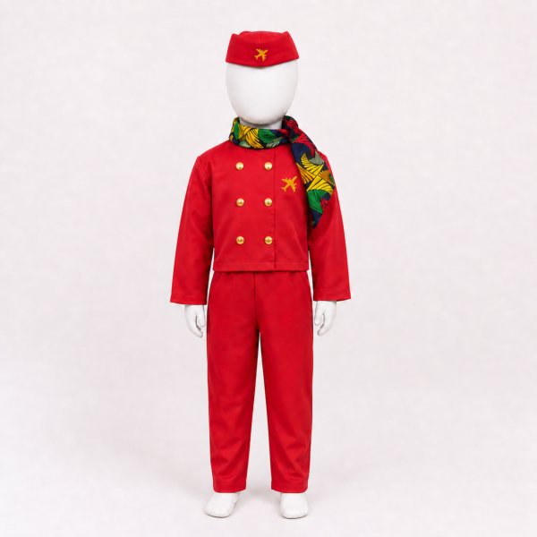 Kids flight attendant costume red coat trouser scarf and cap for CBE career day