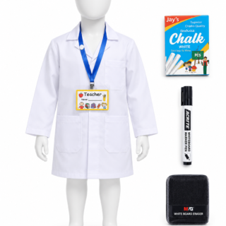 Kids teacher costume with white dustcoat name tag chalks marker and duster