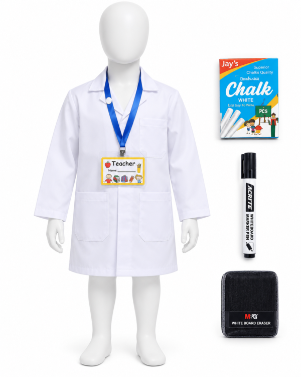 Kids teacher costume with white dustcoat name tag chalks marker and duster